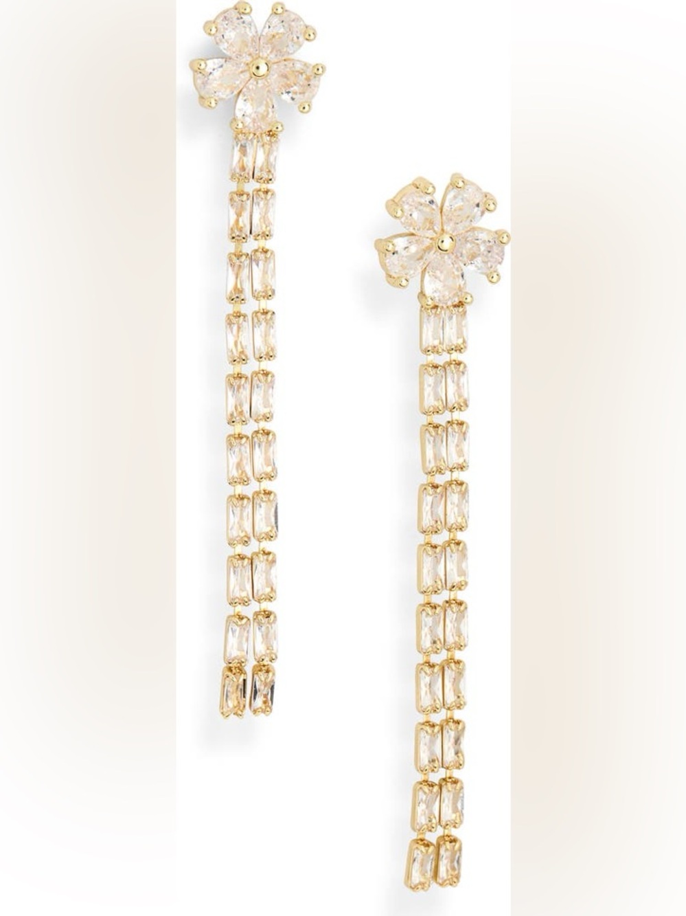 Gold-toned Cubic Zirconia Flower Linear Dangle Drop Earrings